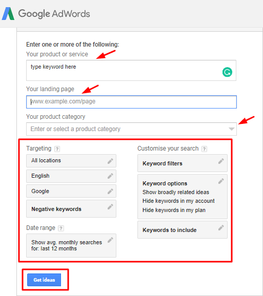 Google keyword planner-filter and column